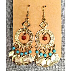 Fashion 3" Gold Tone Blue Beaded Dangle Boho Indie Statement Earrings